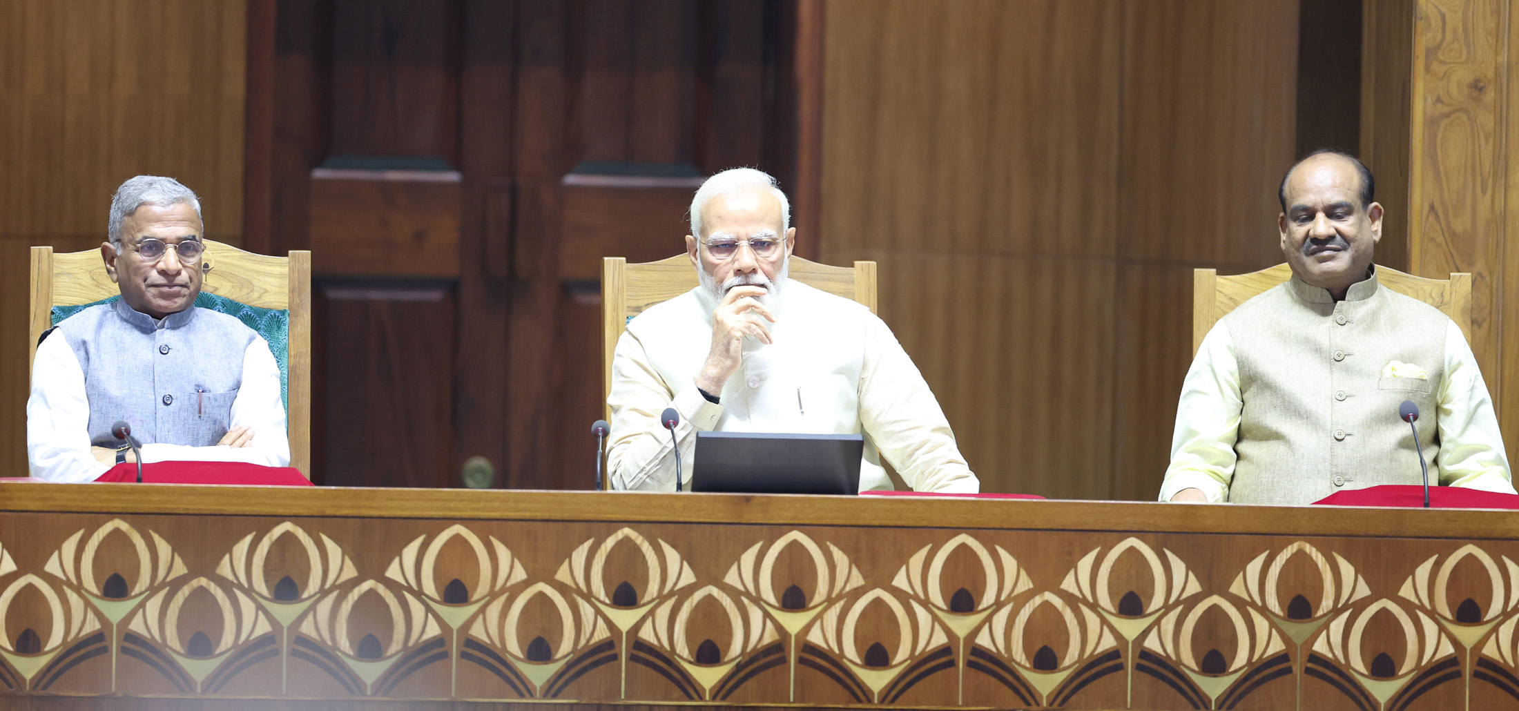 PM, the Speaker, Lok Sabha, Shri Om Birla and the Deputy Chairman of Rajya Sabha, Shri Harivansh attend the inauguration ceremony of the new Parliament House, in New Delhi on May 28, 2023.