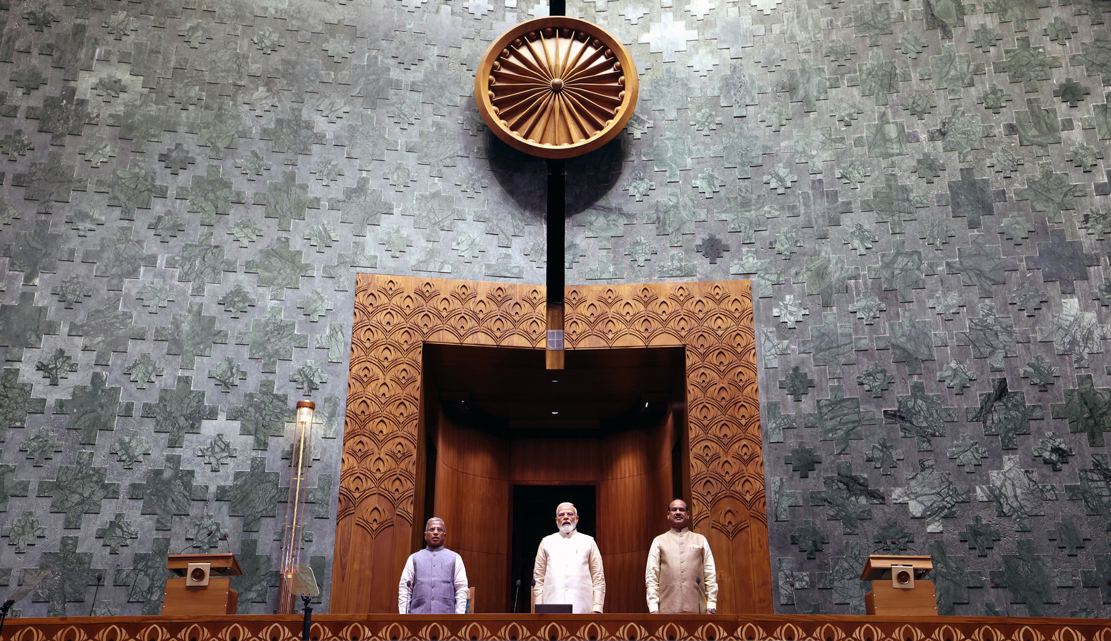 PM, the Speaker, Lok Sabha, Shri Om Birla and the Deputy Chairman of Rajya Sabha, Shri Harivansh standing for National Anthem during the inauguration ceremony at new Parliament House, in New Delhi on May 28, 2023.